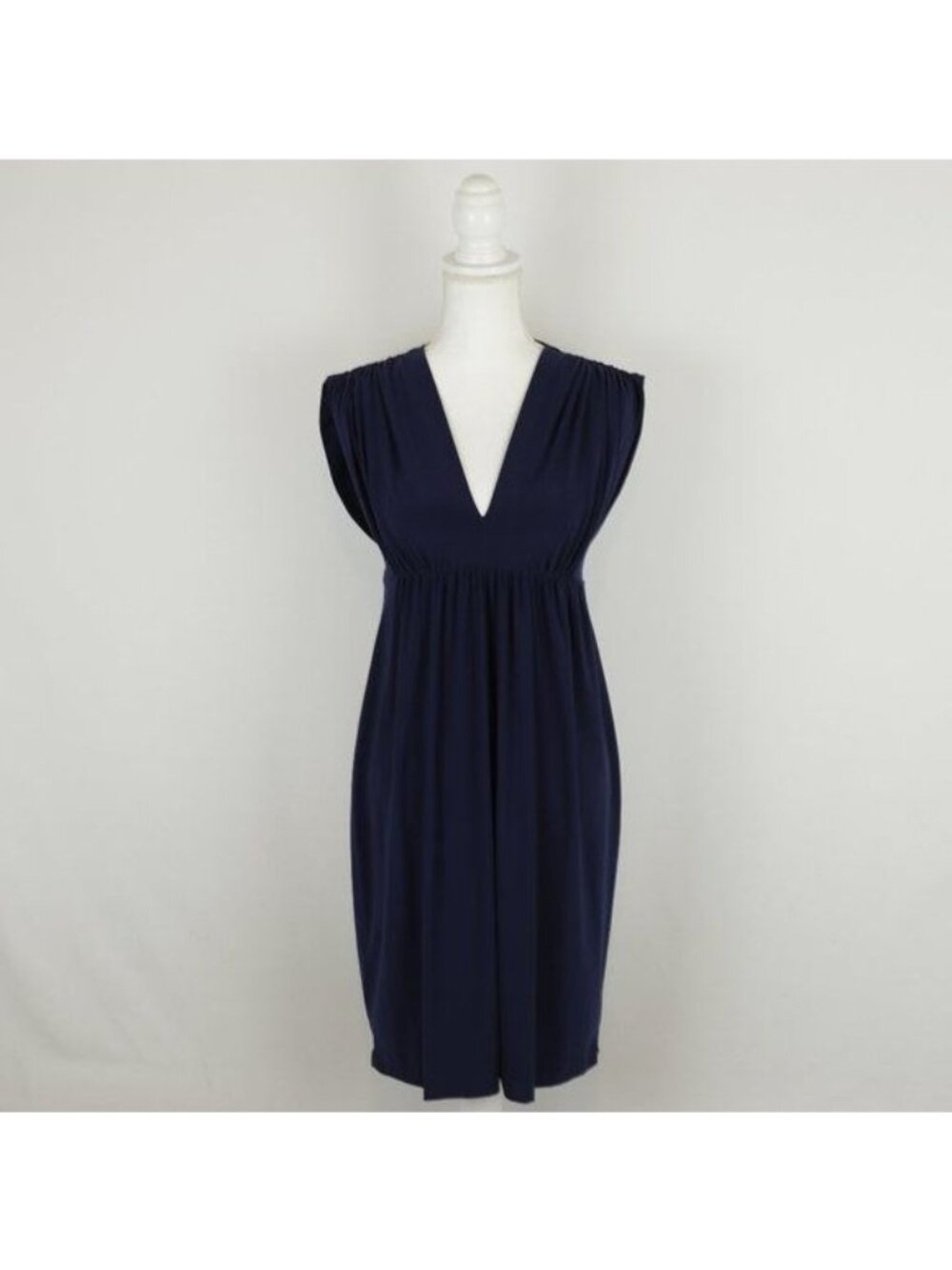 Norma Kamali Women's Small Navy Knit V-Neck Empire Waist Knee Length Dress